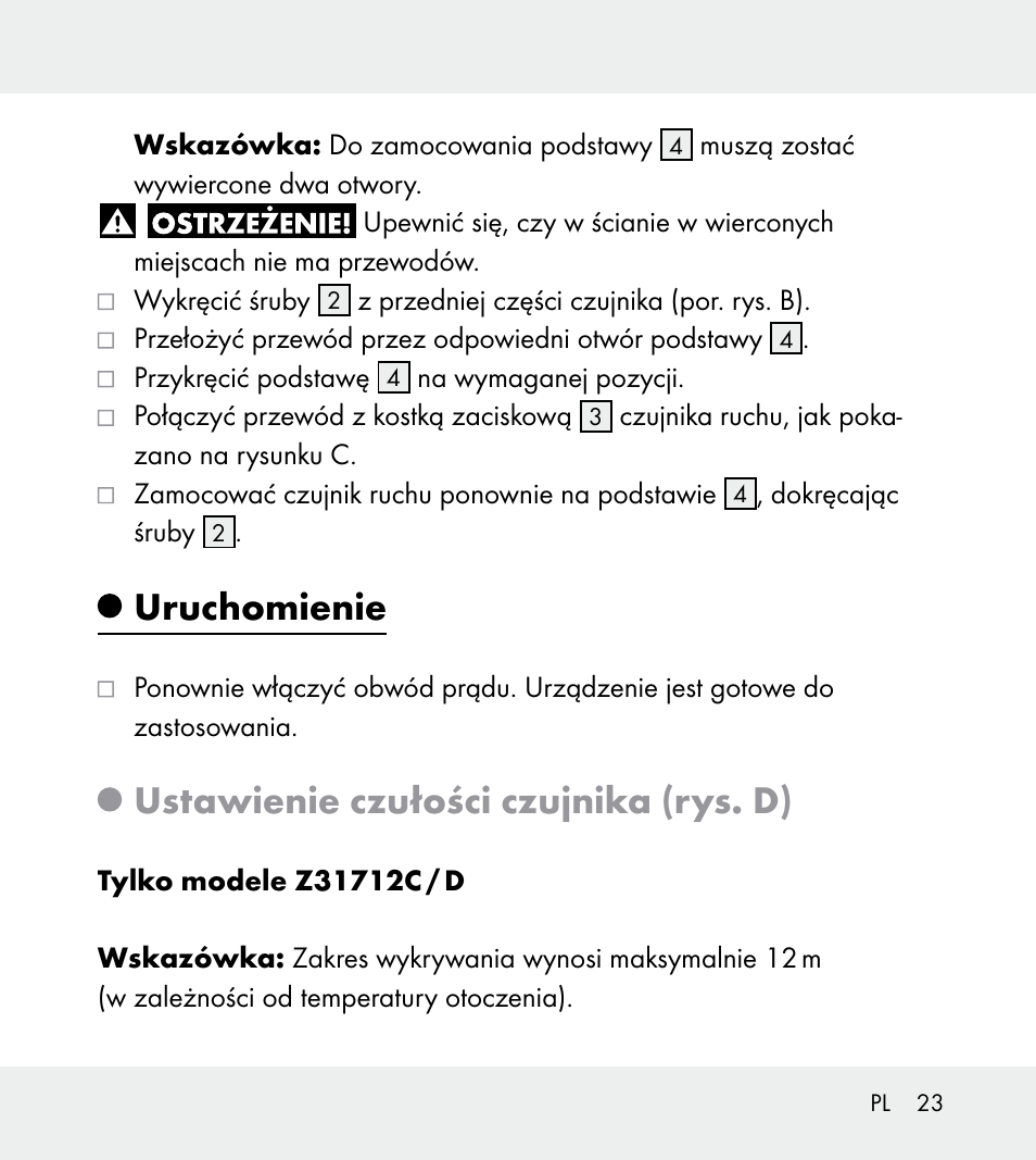 Uruchomienie, Ustawienie czułości czujnika (rys. d) | Powerfix Z31712A/Z31712B Z31712C/Z31712D User Manual | Page 23 / 68