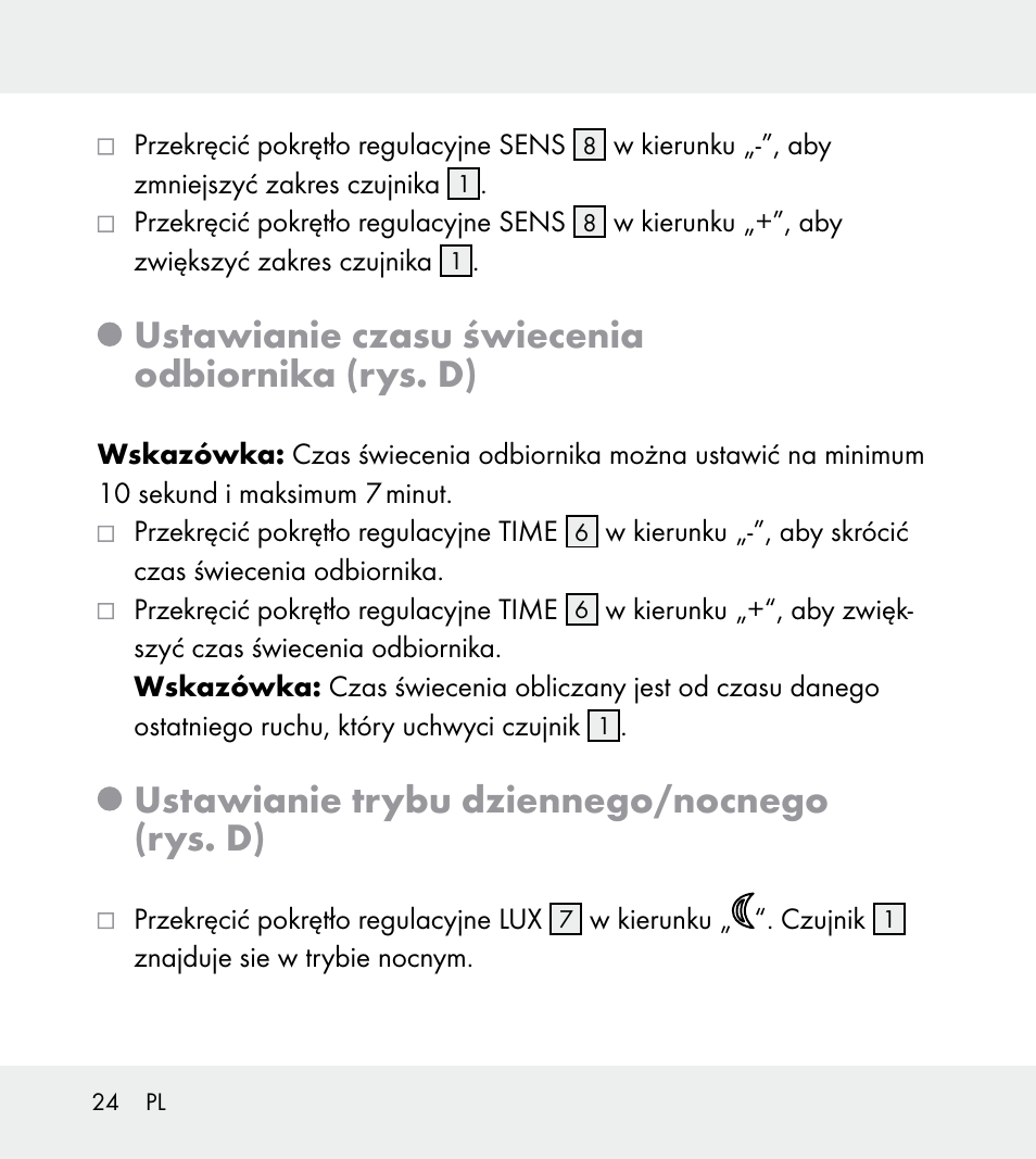 Ustawianie czasu świecenia odbiornika (rys. d), Ustawianie trybu dziennego/nocnego (rys. d) | Powerfix Z31712A/Z31712B Z31712C/Z31712D User Manual | Page 24 / 68