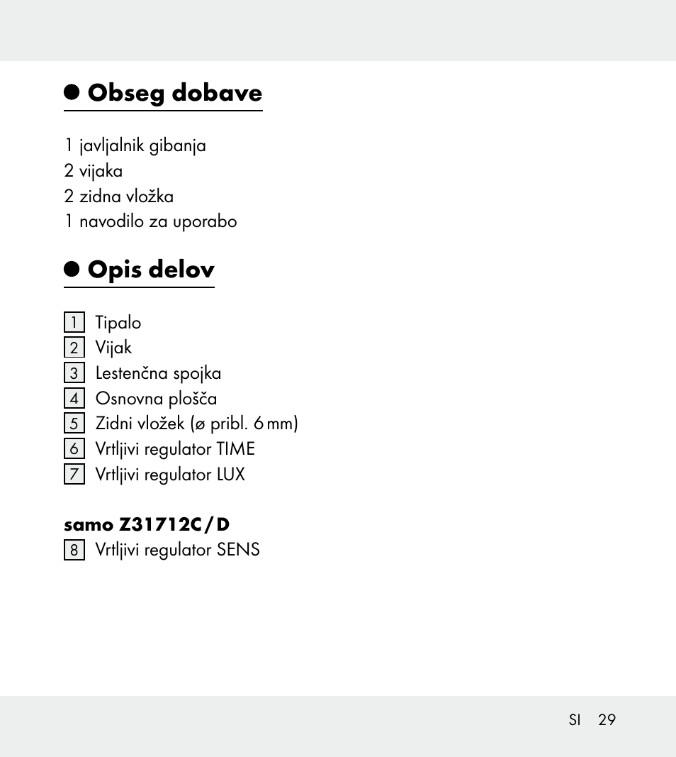 Obseg dobave, Opis delov | Powerfix Z31712A/Z31712B Z31712C/Z31712D User Manual | Page 29 / 68