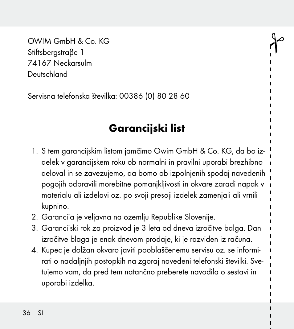 Garancijski list | Powerfix Z31712A/Z31712B Z31712C/Z31712D User Manual | Page 36 / 68