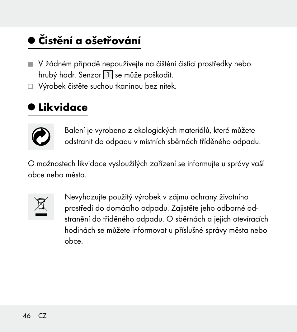 Čistění a ošetřování, Likvidace | Powerfix Z31712A/Z31712B Z31712C/Z31712D User Manual | Page 46 / 68