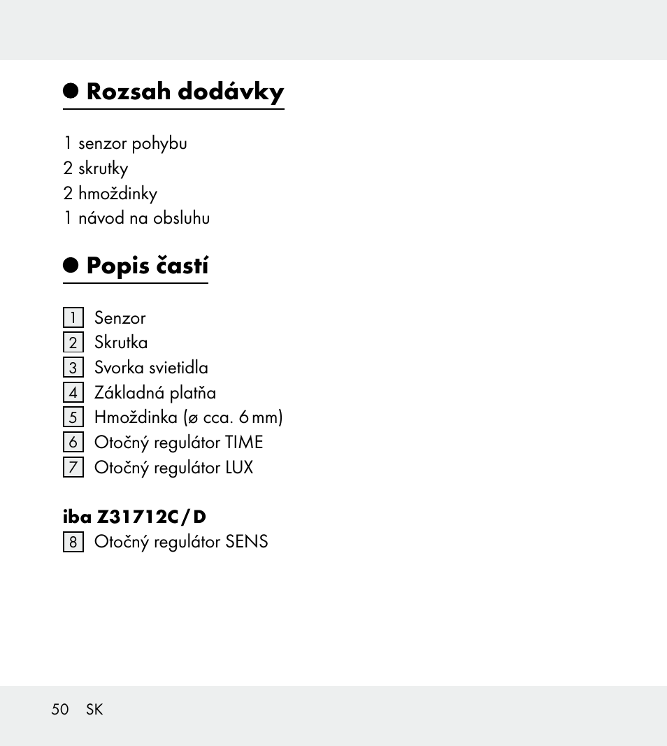 Rozsah dodávky, Popis častí | Powerfix Z31712A/Z31712B Z31712C/Z31712D User Manual | Page 50 / 68