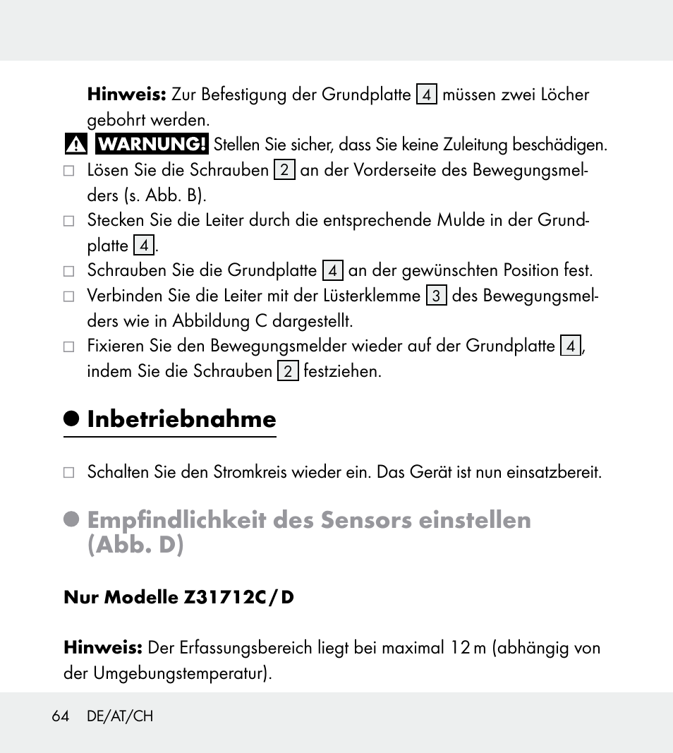 Inbetriebnahme, Empfindlichkeit des sensors einstellen (abb. d) | Powerfix Z31712A/Z31712B Z31712C/Z31712D User Manual | Page 64 / 68