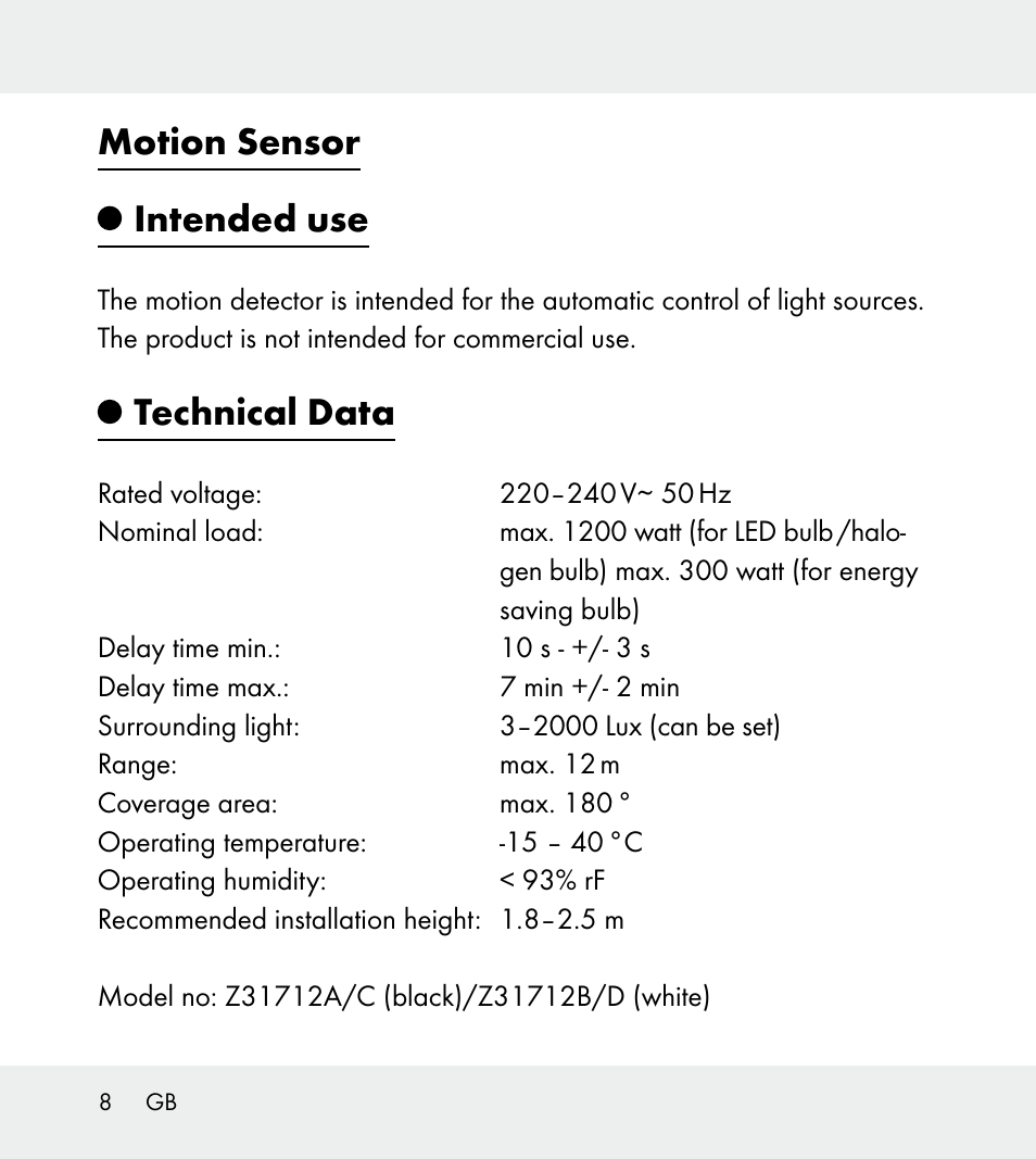 Motion sensor intended use, Technical data | Powerfix Z31712A/Z31712B Z31712C/Z31712D User Manual | Page 8 / 68