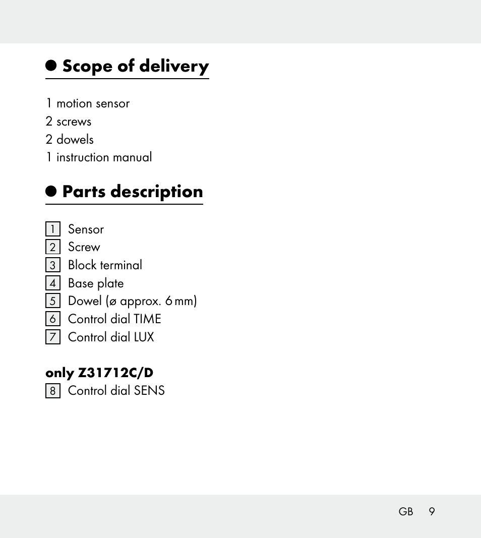 Scope of delivery, Parts description | Powerfix Z31712A/Z31712B Z31712C/Z31712D User Manual | Page 9 / 68