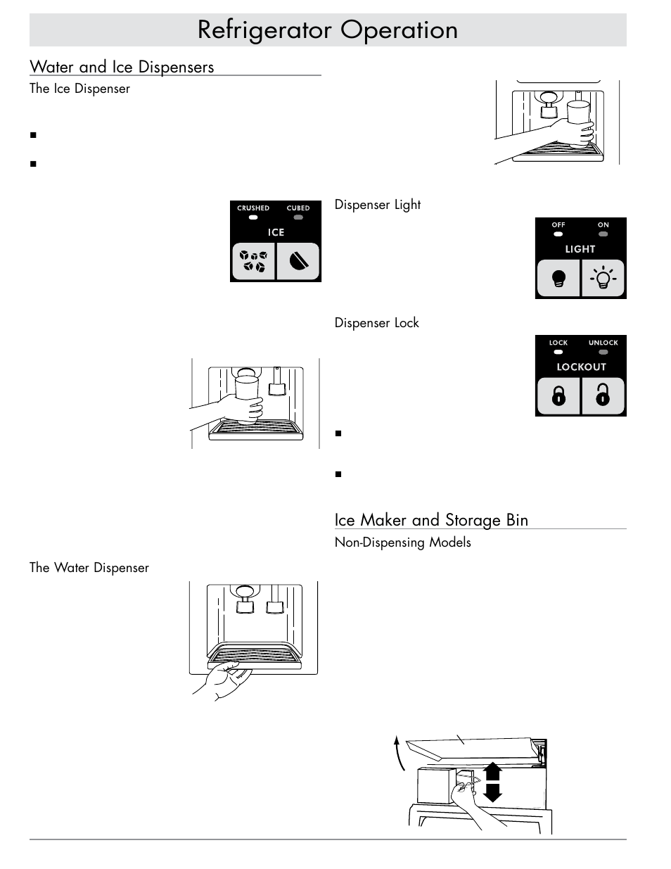 Refrigerator operation, Ice maker and storage bin, Water and ice dispensers | Dacor EF42DBSS User Manual | Page 10 / 24