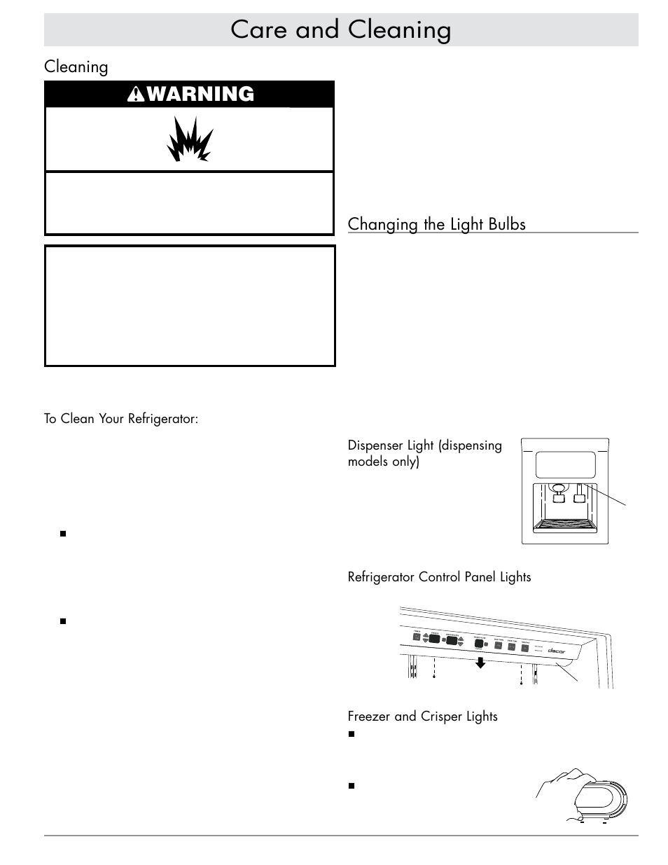 Care and cleaning, Warning, Cleaning | Changing the light bulbs | Dacor EF42DBSS User Manual | Page 15 / 24