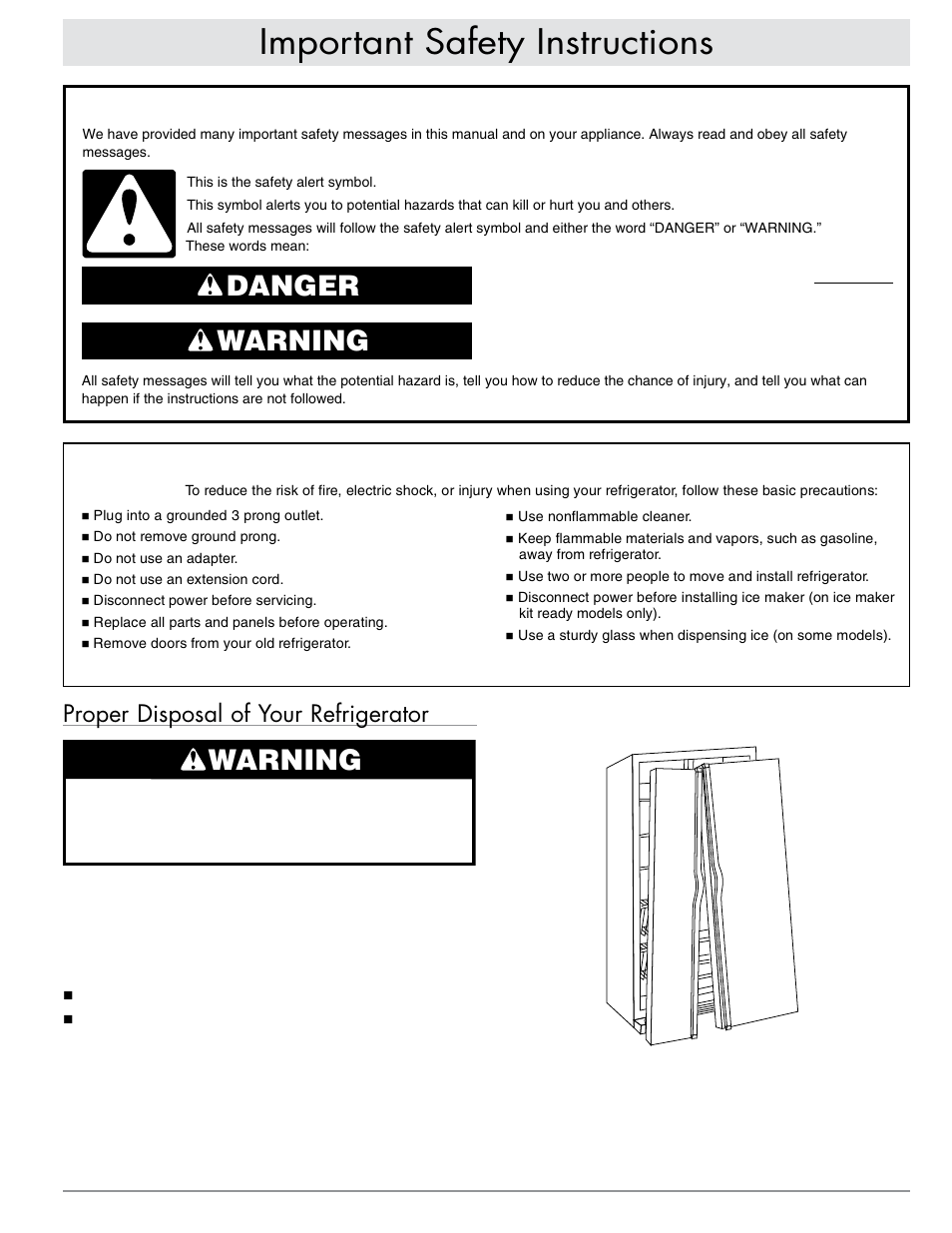 Important safety instructions, Danger warning warning, Proper disposal of your refrigerator | Dacor EF42DBSS User Manual | Page 3 / 24