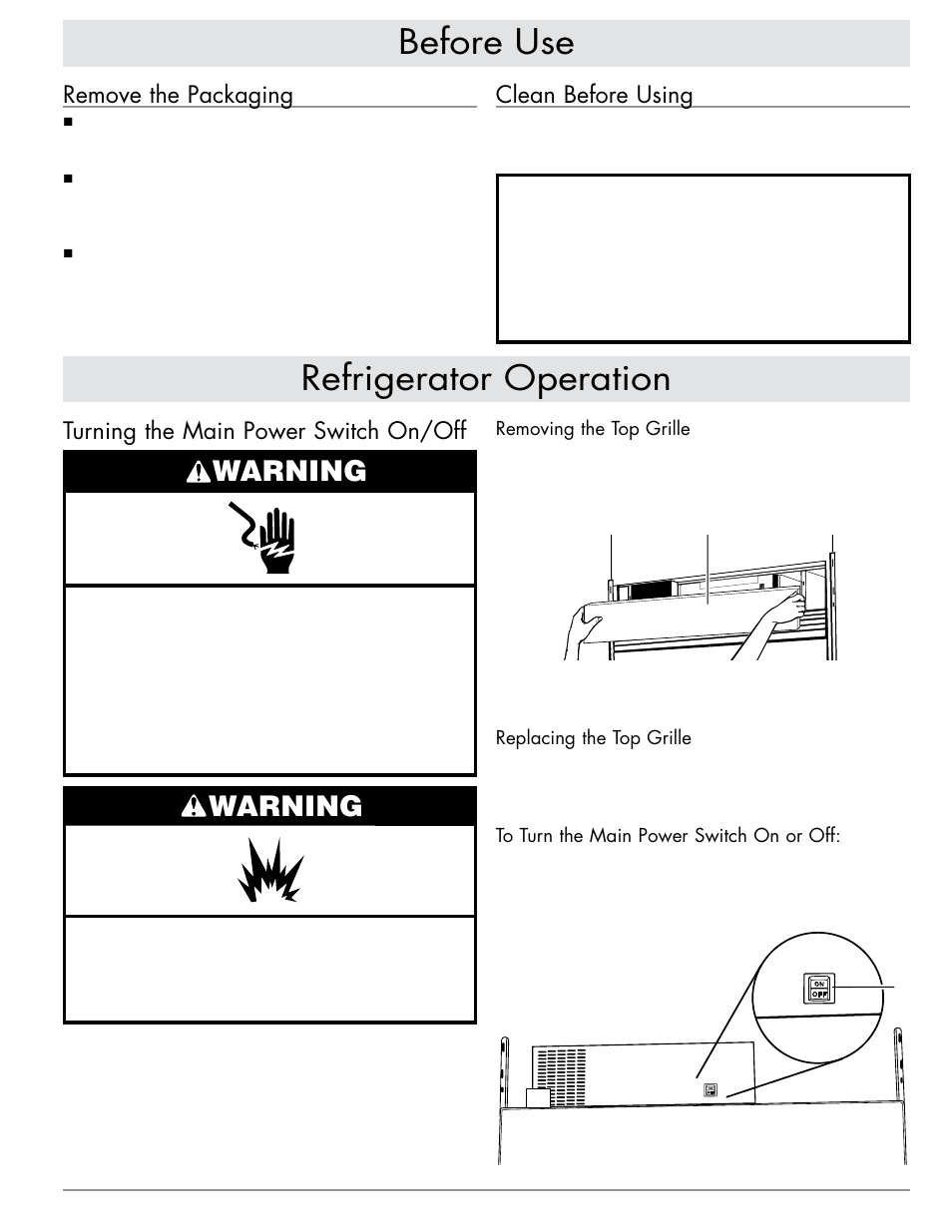 Before use refrigerator operation, Warning, Clean before using | Turning the main power switch on/off, Remove the packaging | Dacor EF42DBSS User Manual | Page 5 / 24