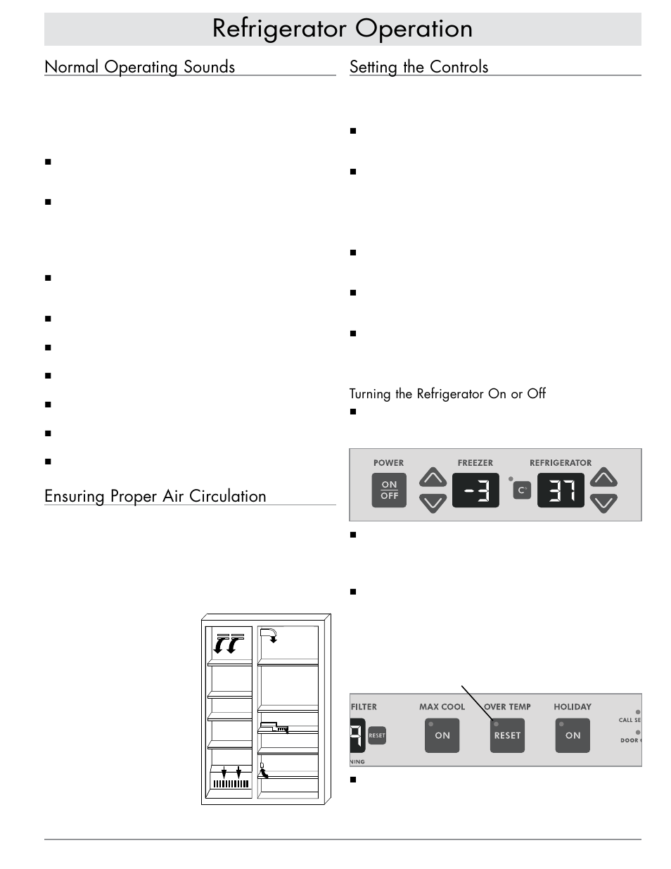 Refrigerator operation, Normal operating sounds, Ensuring proper air circulation | Setting the controls | Dacor EF42DBSS User Manual | Page 7 / 24