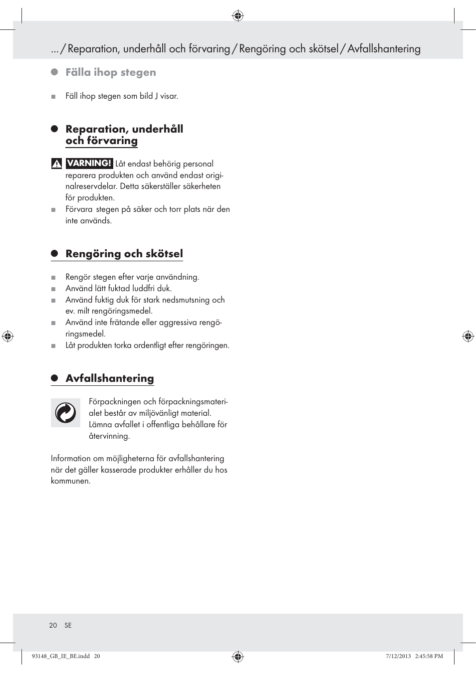 Fälla ihop stegen, Reparation, underhåll och förvaring, Rengöring och skötsel | Avfallshantering | Powerfix Z30473 User Manual | Page 20 / 48