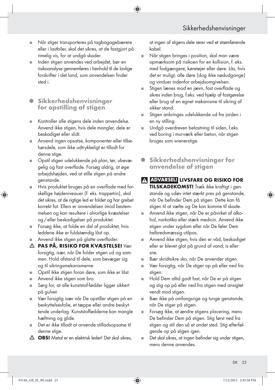 Sikkerhedshenvisninger, Sikkerhedshenvisninger for opstilling af stigen, Sikkerhedshenvisninger for anvendelse af stigen | Powerfix Z30473 User Manual | Page 23 / 48