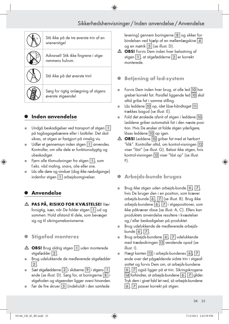 Inden anvendelse, Anvendelse, Stigefod monteres | Betjening af led-system, Arbejds-bunde bruges | Powerfix Z30473 User Manual | Page 25 / 48