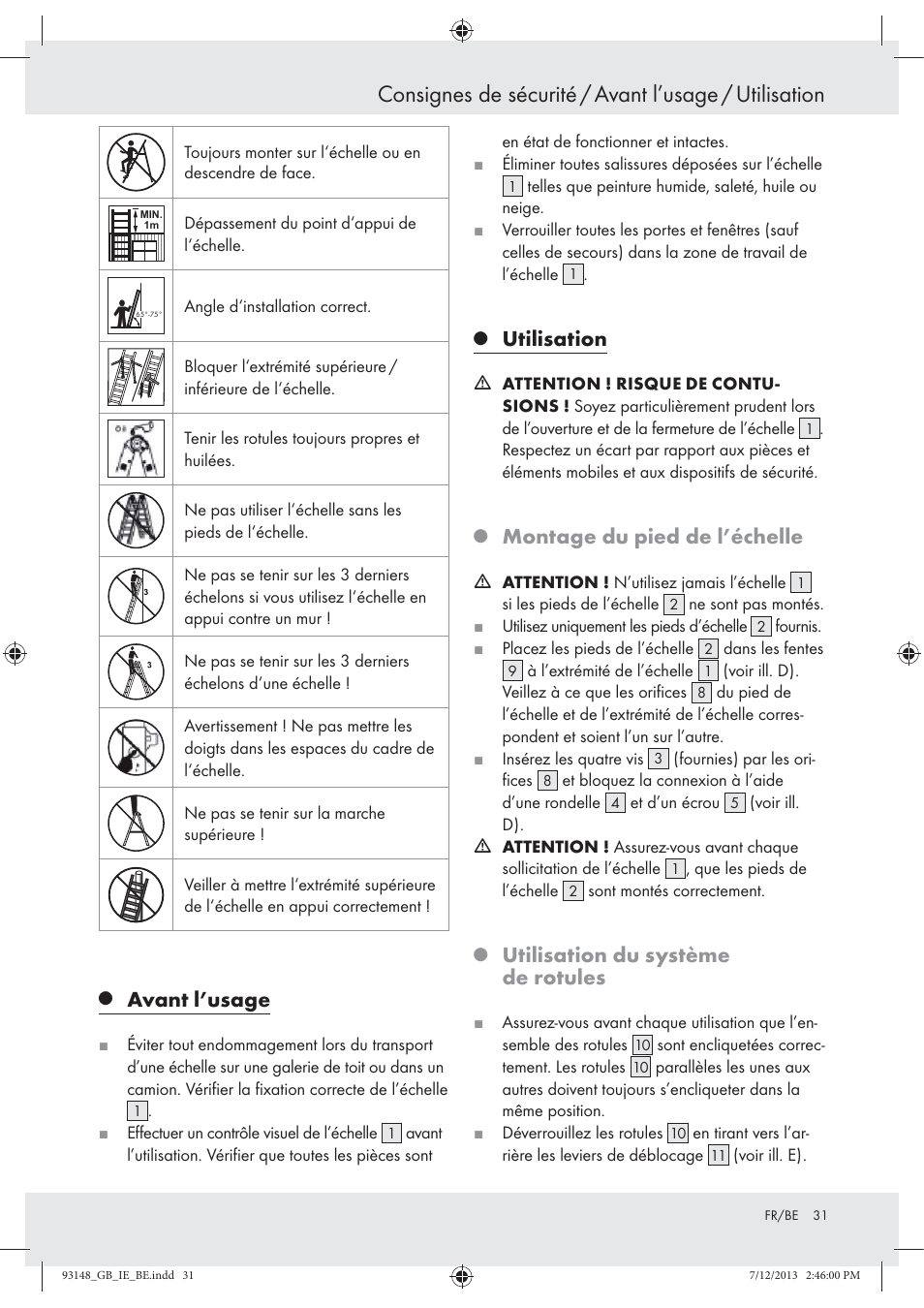 Avant l’usage, Utilisation, Montage du pied de l’échelle | Utilisation du système de rotules | Powerfix Z30473 User Manual | Page 31 / 48