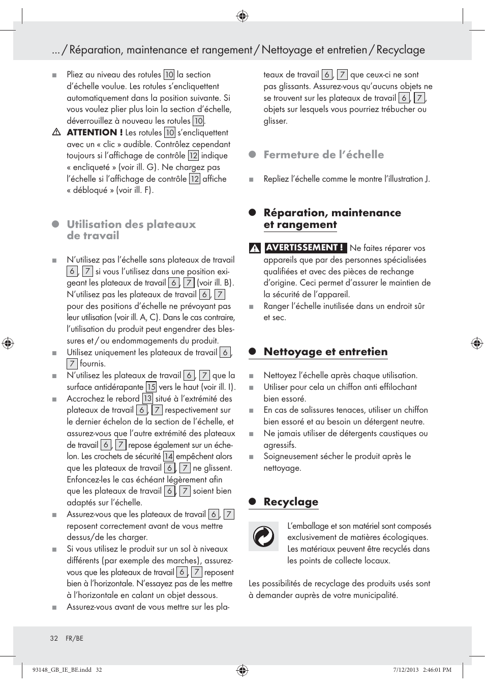 Utilisation des plateaux de travail, Fermeture de l’échelle, Réparation, maintenance et rangement | Nettoyage et entretien, Recyclage | Powerfix Z30473 User Manual | Page 32 / 48