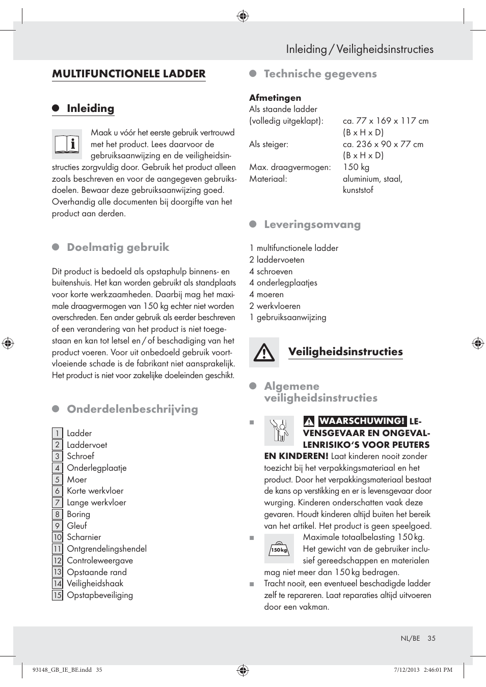 Inleiding / veiligheidsinstructies, Multifunctionele ladder, Inleiding | Doelmatig gebruik, Onderdelenbeschrijving, Technische gegevens, Leveringsomvang, Veiligheidsinstructies, Algemene veiligheidsinstructies | Powerfix Z30473 User Manual | Page 35 / 48