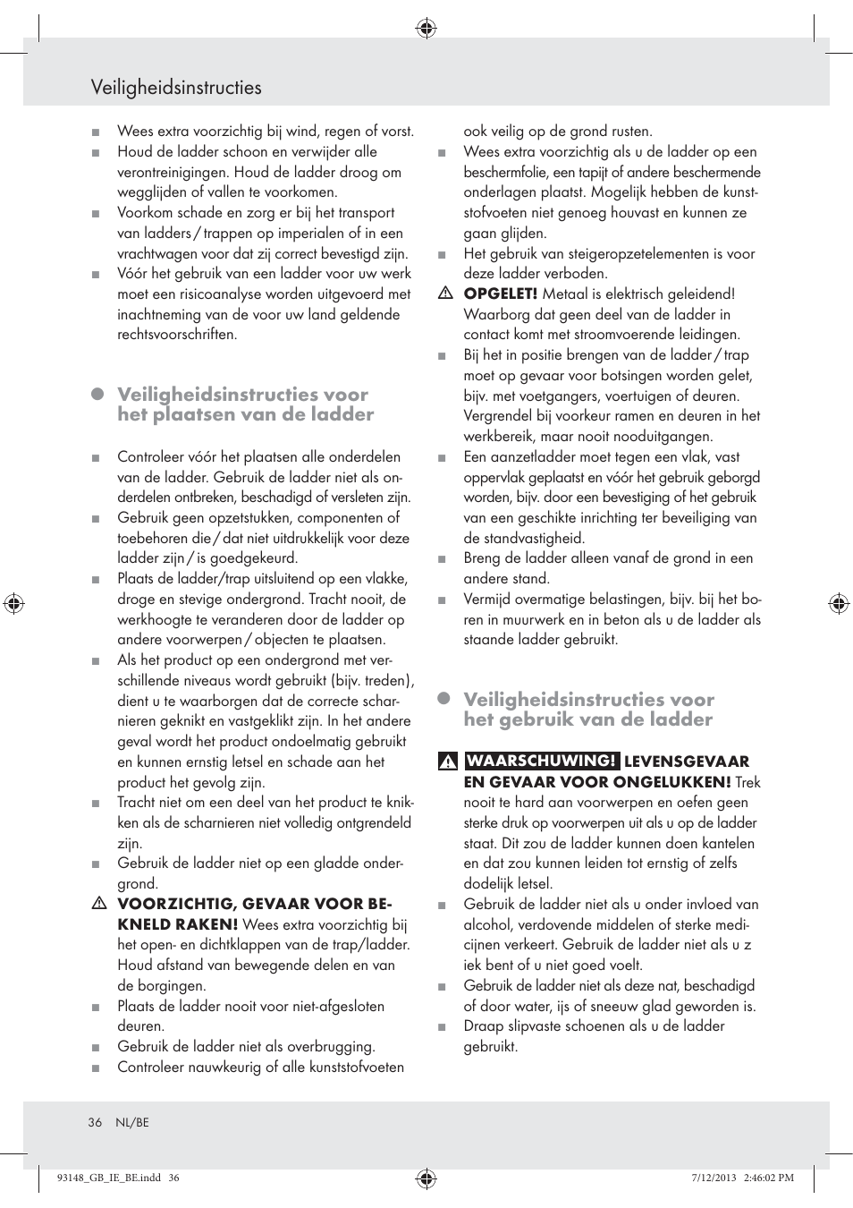 Veiligheidsinstructies | Powerfix Z30473 User Manual | Page 36 / 48