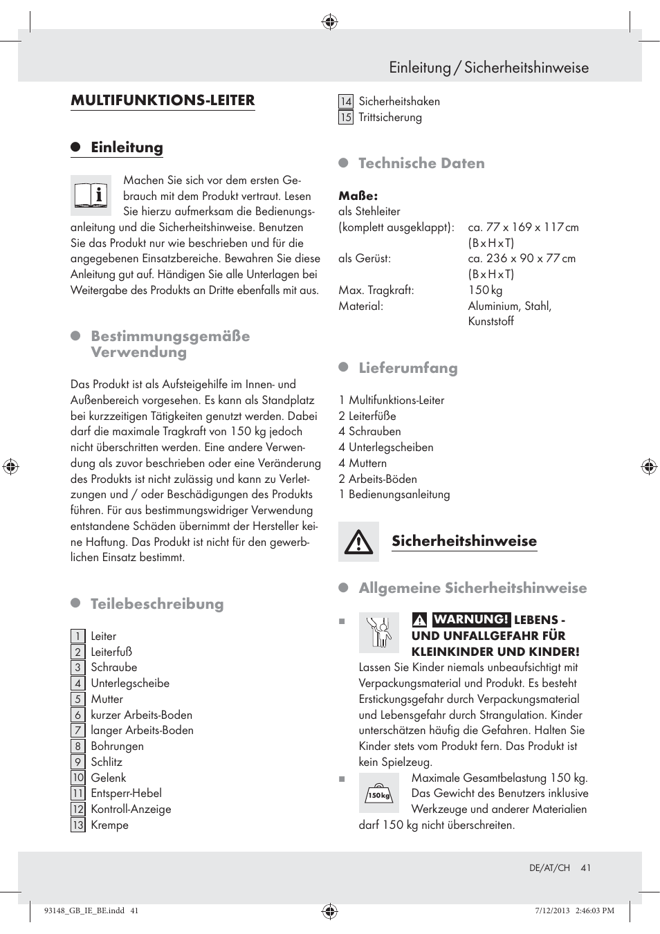 Einleitung / sicherheitshinweise, Multifunktions-leiter, Einleitung | Bestimmungsgemäße verwendung, Teilebeschreibung, Technische daten, Lieferumfang, Sicherheitshinweise, Allgemeine sicherheitshinweise | Powerfix Z30473 User Manual | Page 41 / 48