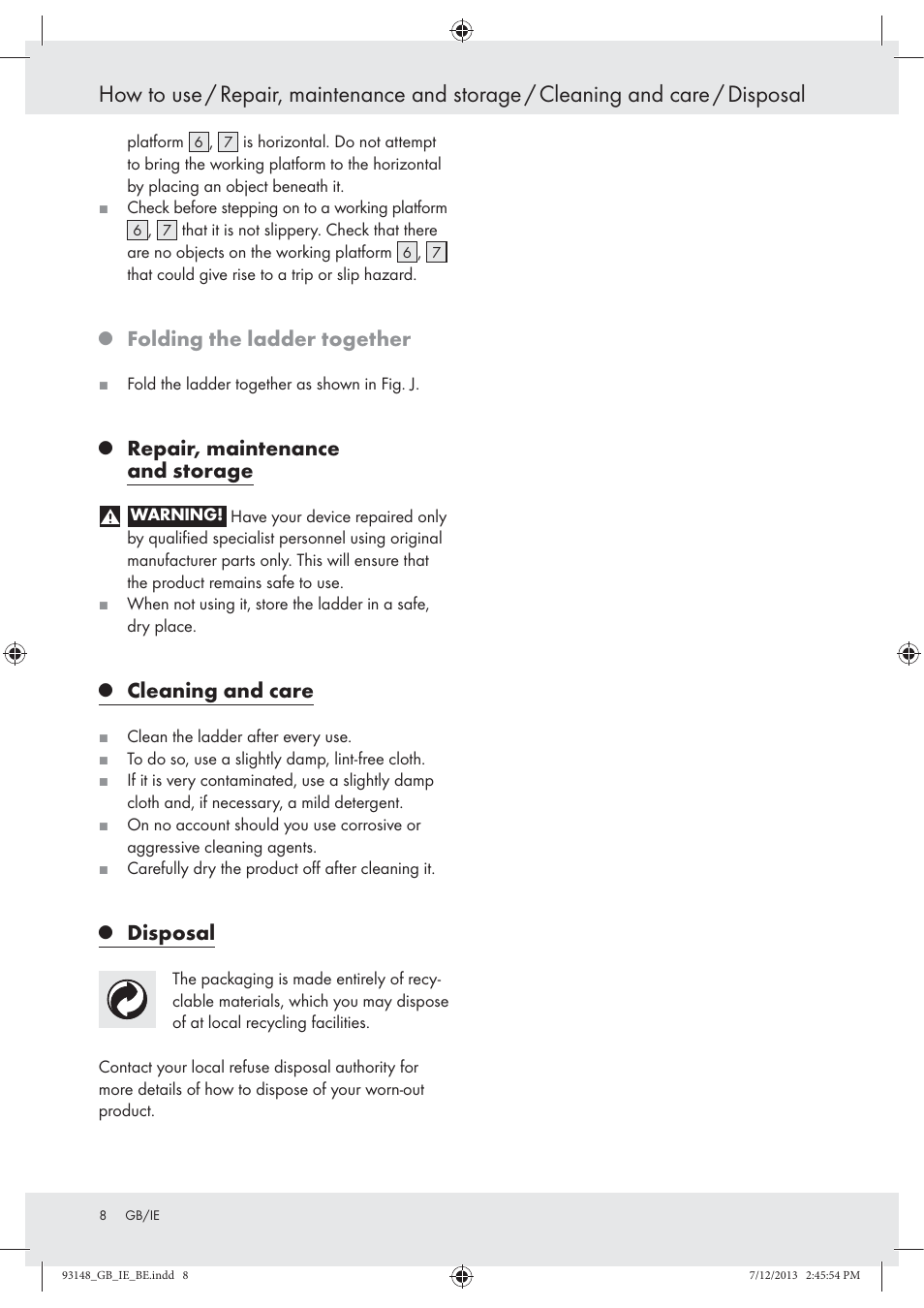 Folding the ladder together, Repair, maintenance and storage, Cleaning and care | Disposal | Powerfix Z30473 User Manual | Page 8 / 48