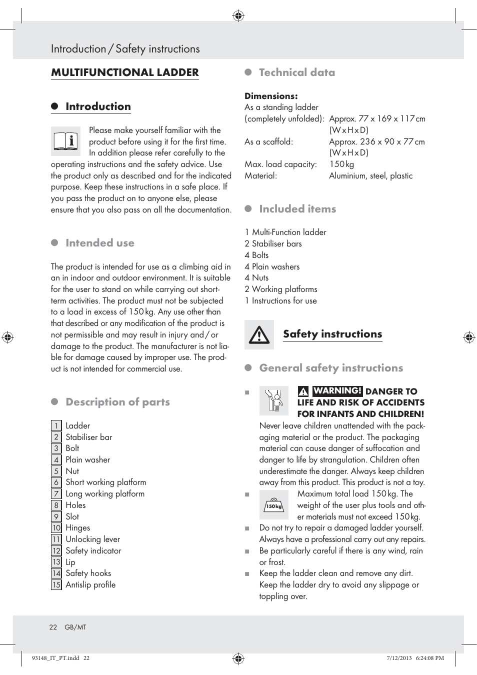Introduction / safety instructions, Multifunctional ladder, Introduction | Intended use, Description of parts, Technical data, Included items, Safety instructions, General safety instructions | Powerfix Z30473 User Manual | Page 22 / 35