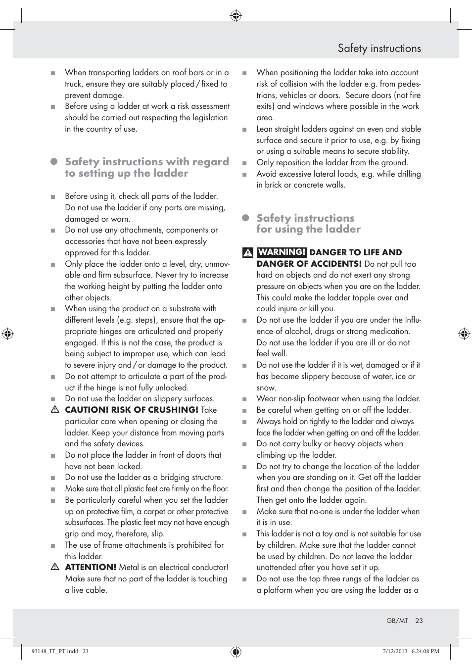 Safety instructions, Safety instructions for using the ladder | Powerfix Z30473 User Manual | Page 23 / 35