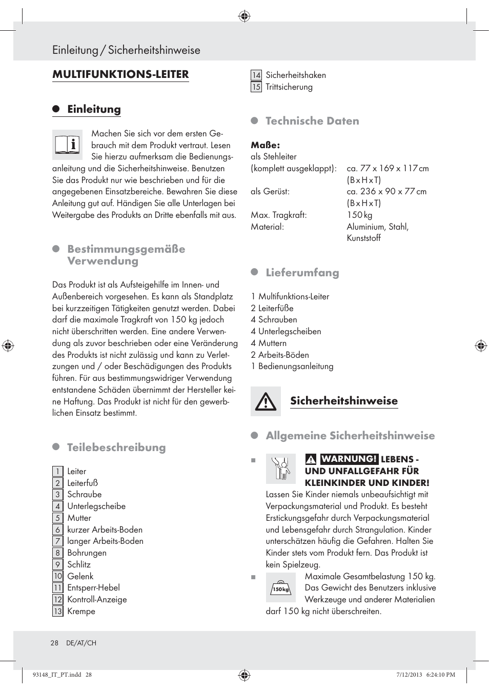 Einleitung / sicherheitshinweise, Multifunktions-leiter, Einleitung | Bestimmungsgemäße verwendung, Teilebeschreibung, Technische daten, Lieferumfang, Sicherheitshinweise, Allgemeine sicherheitshinweise | Powerfix Z30473 User Manual | Page 28 / 35