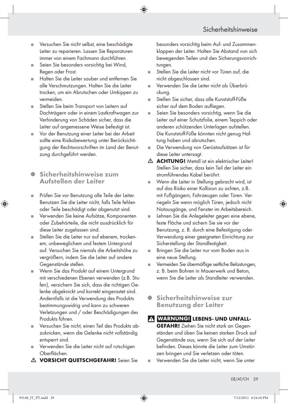Sicherheitshinweise, Sicherheitshinweise zum aufstellen der leiter, Sicherheitshinweise zur benutzung der leiter | Powerfix Z30473 User Manual | Page 29 / 35