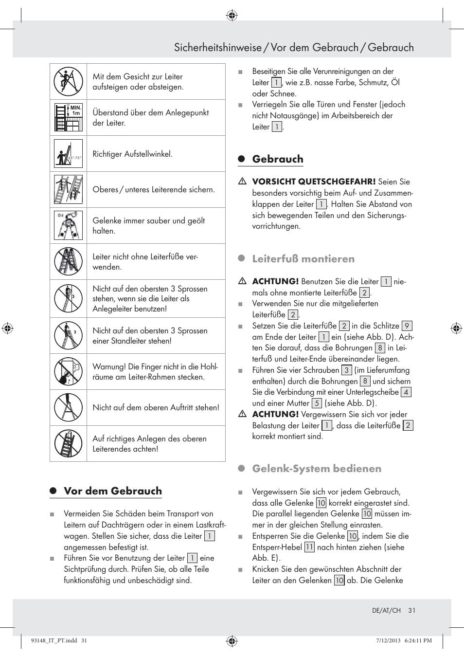 Sicherheitshinweise / vor dem gebrauch / gebrauch, Vor dem gebrauch, Gebrauch | Leiterfuß montieren, Gelenk-system bedienen | Powerfix Z30473 User Manual | Page 31 / 35
