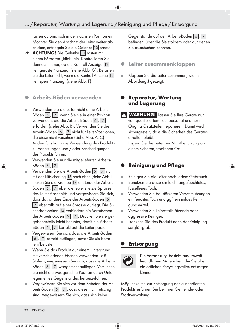 Arbeits-böden verwenden, Leiter zusammenklappen, Reparatur, wartung und lagerung | Reinigung und pﬂege, Entsorgung | Powerfix Z30473 User Manual | Page 32 / 35