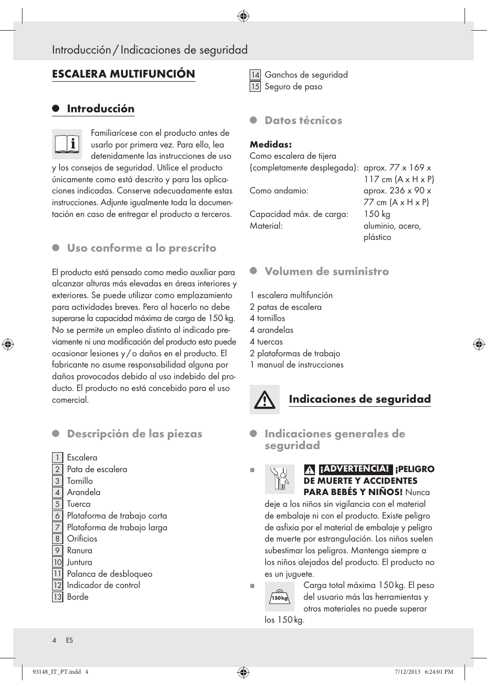 Introducción / indicaciones de seguridad, Escalera multifunción, Introducción | Uso conforme a lo prescrito, Descripción de las piezas, Datos técnicos, Volumen de suministro, Indicaciones de seguridad, Indicaciones generales de seguridad | Powerfix Z30473 User Manual | Page 4 / 35