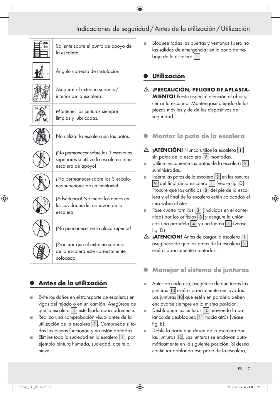 Antes de la utilización, Utilización, Montar la pata de la escalera | Manejar el sistema de junturas | Powerfix Z30473 User Manual | Page 7 / 35