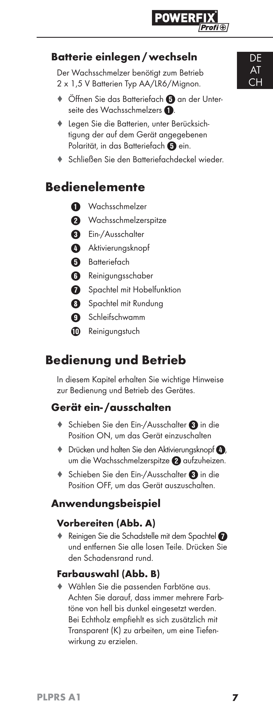 Bedienelemente, Bedienung und betrieb, De at ch batterie einlegen / wechseln | Gerät ein- /ausschalten, Anwendungsbeispiel | Powerfix PLPRS A1 User Manual | Page 10 / 51