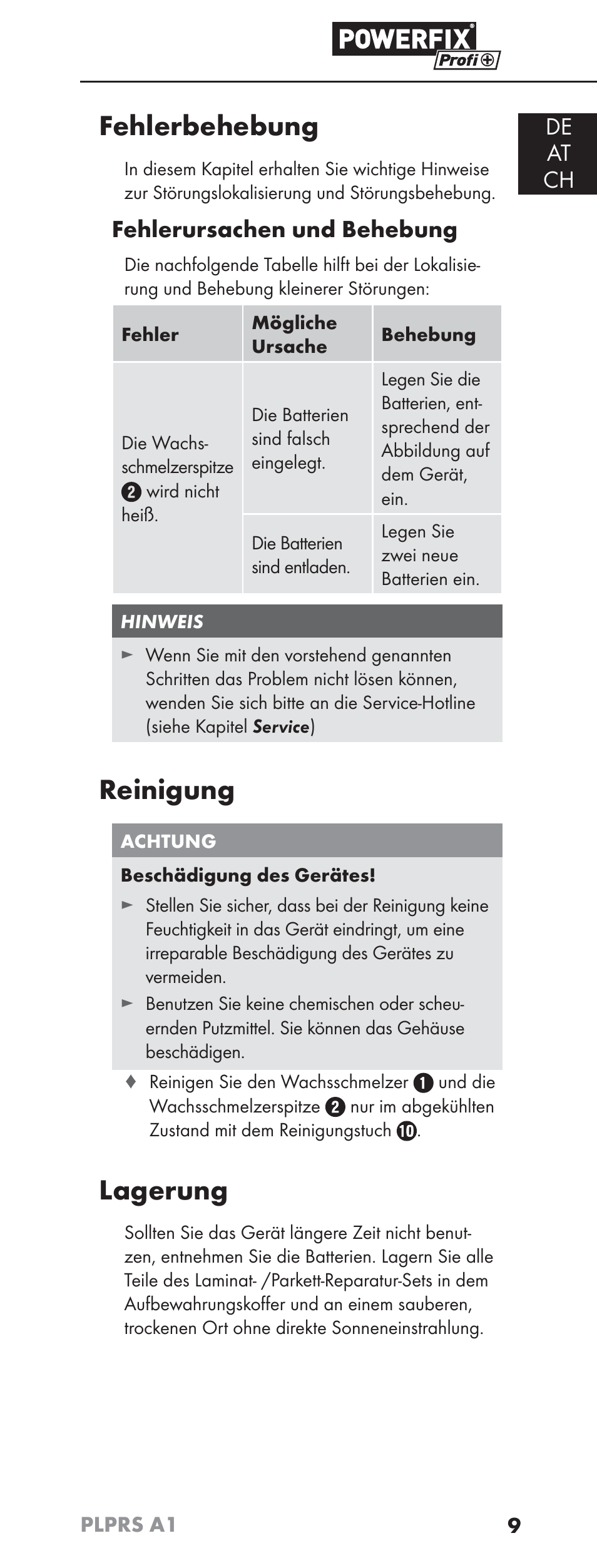 Fehlerbehebung, Reinigung, Lagerung | De at ch, Fehlerursachen und behebung | Powerfix PLPRS A1 User Manual | Page 12 / 51