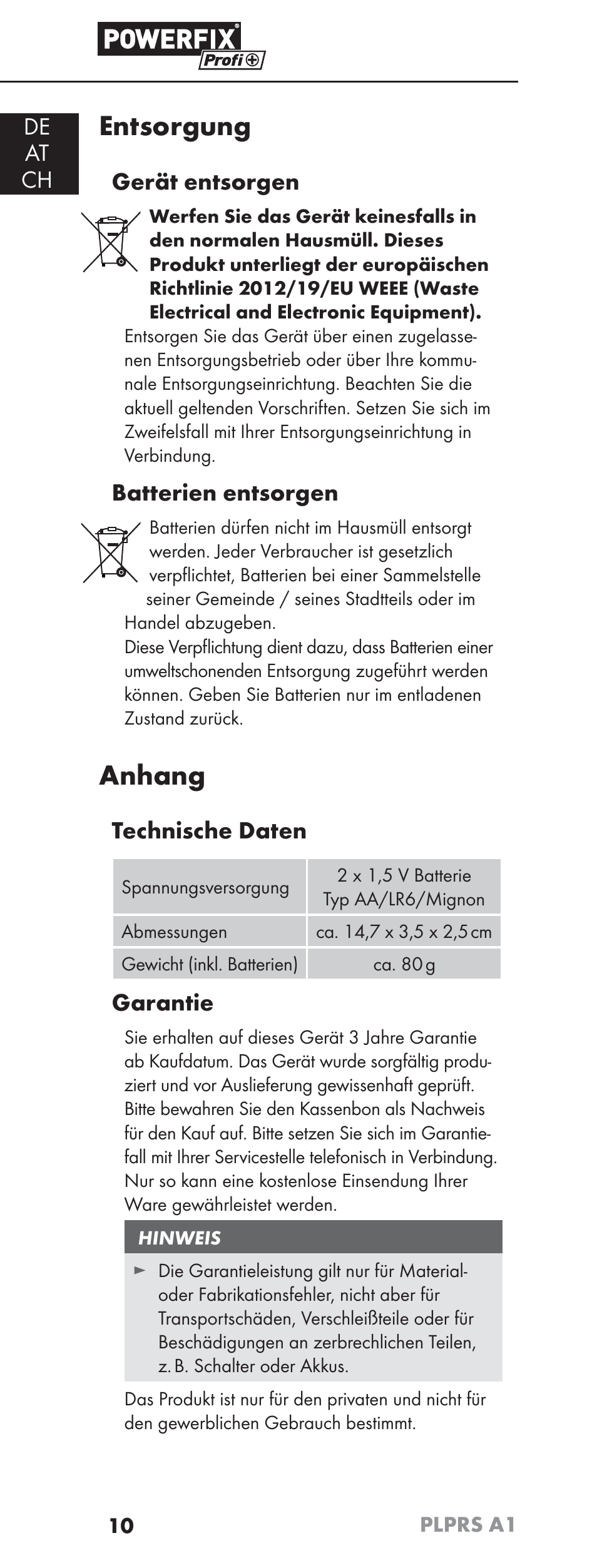 Entsorgung, Anhang, De at ch | Gerät entsorgen, Batterien entsorgen, Technische daten, Garantie | Powerfix PLPRS A1 User Manual | Page 13 / 51