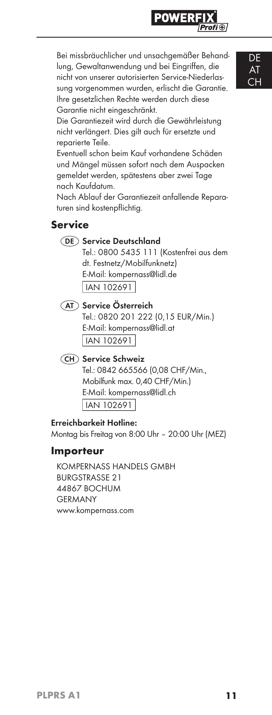 De at ch, Service, Importeur | Powerfix PLPRS A1 User Manual | Page 14 / 51