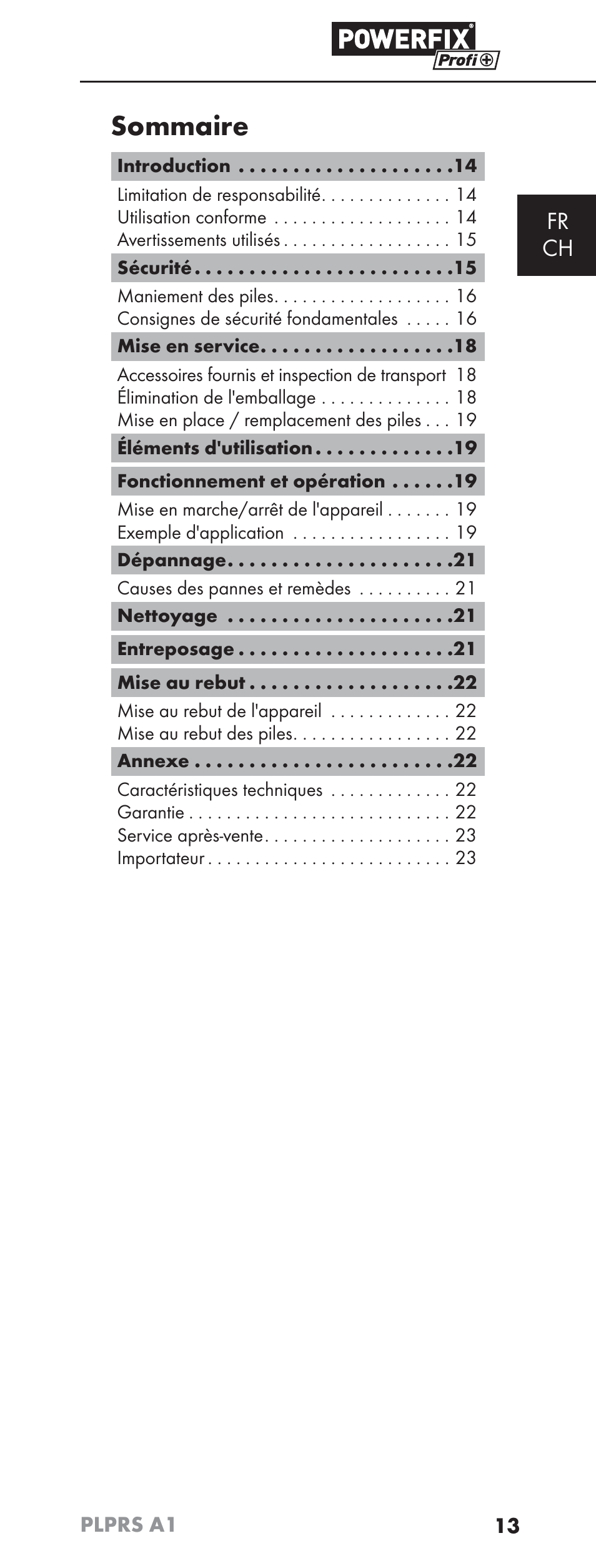 Sommaire, Fr ch | Powerfix PLPRS A1 User Manual | Page 16 / 51