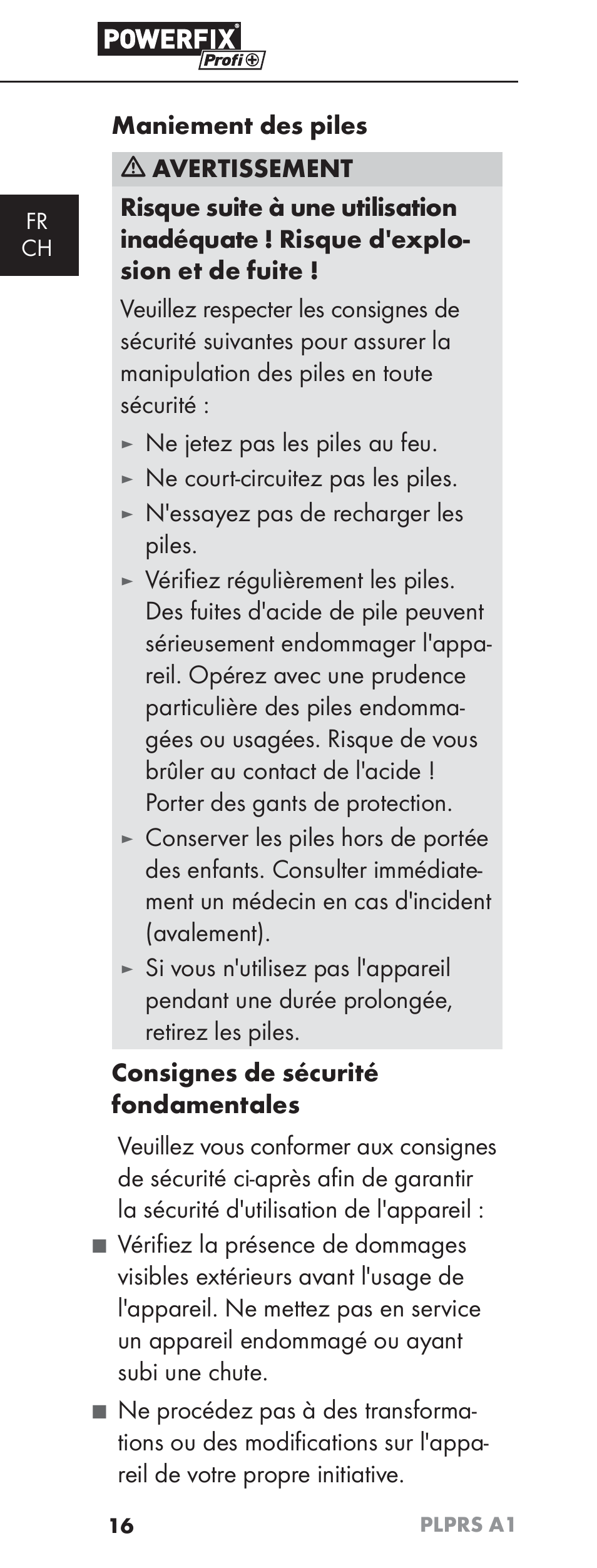 Ne jetez pas les piles au feu, Ne court-circuitez pas les piles, N'essayez pas de recharger les piles | Powerfix PLPRS A1 User Manual | Page 19 / 51