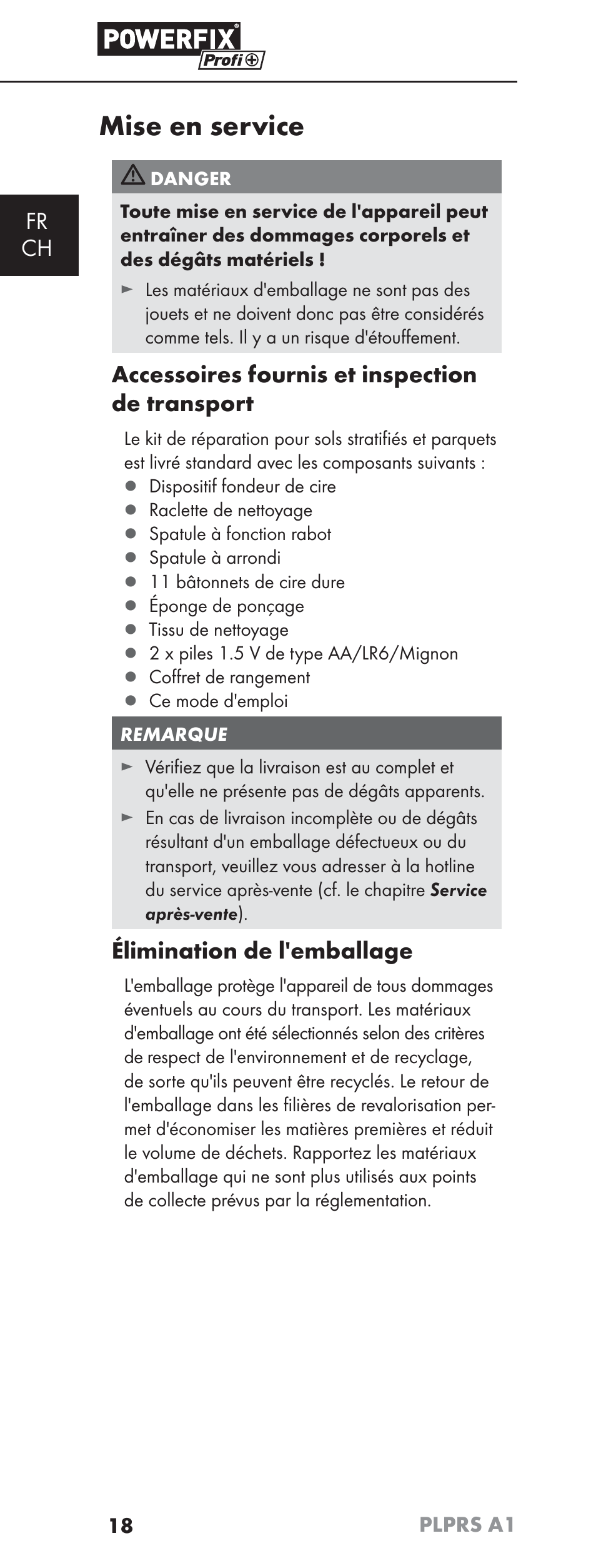 Mise en service, Fr ch, Accessoires fournis et inspection de transport | Élimination de l'emballage | Powerfix PLPRS A1 User Manual | Page 21 / 51