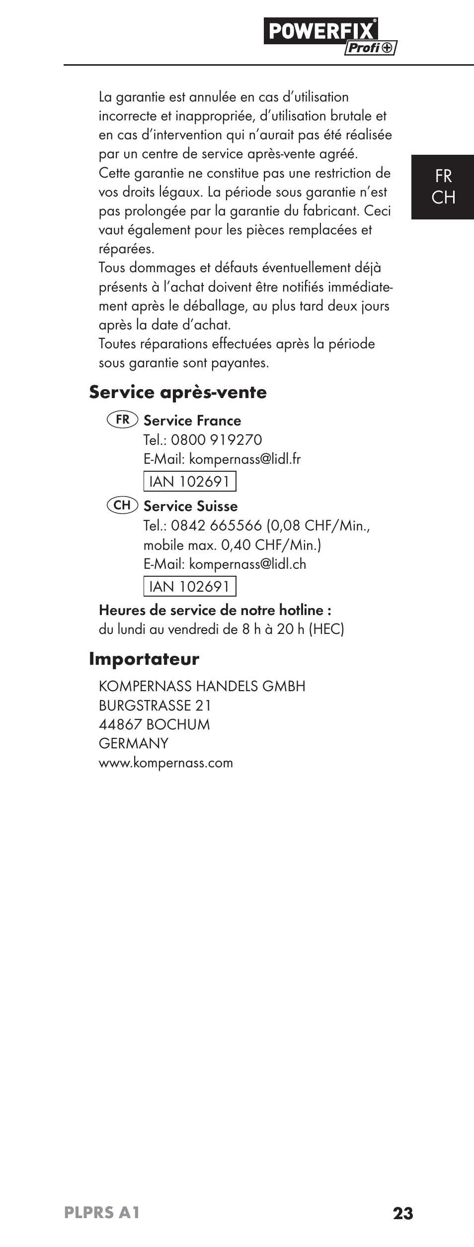 Fr ch, Service après-vente, Importateur | Powerfix PLPRS A1 User Manual | Page 26 / 51