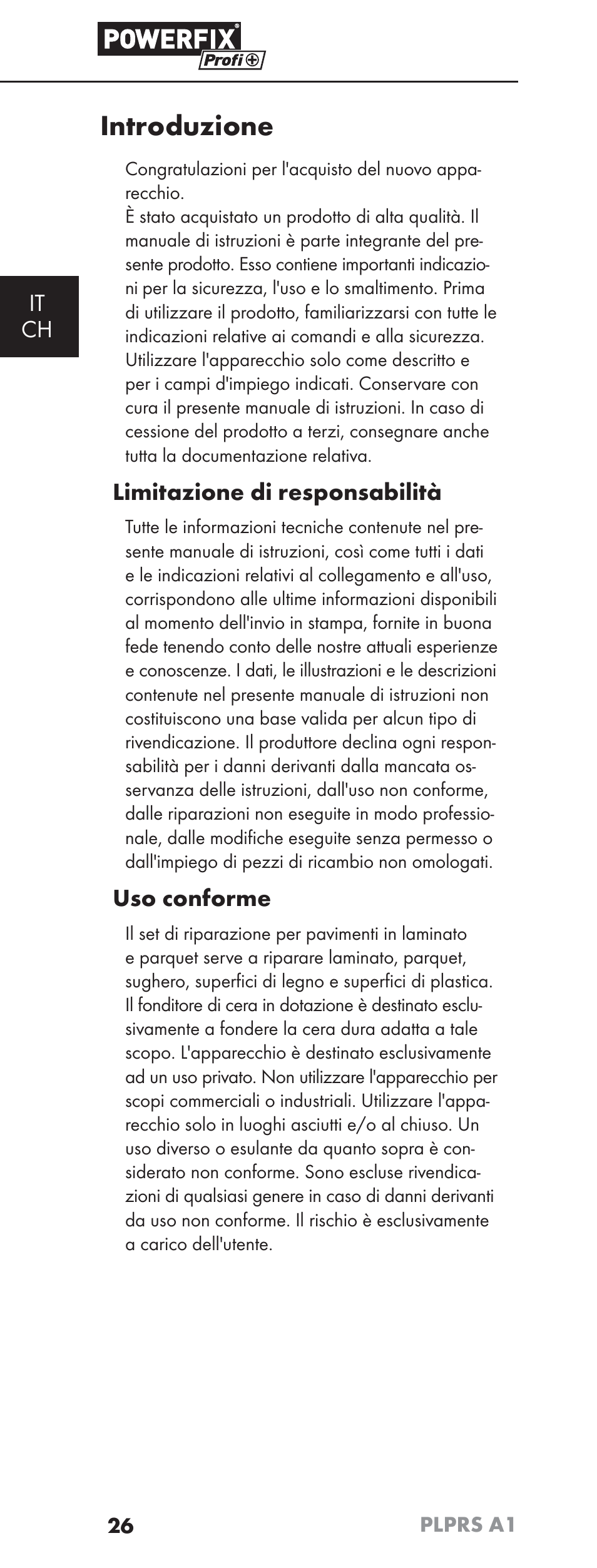 Introduzione, It ch, Limitazione di responsabilità | Uso conforme | Powerfix PLPRS A1 User Manual | Page 29 / 51