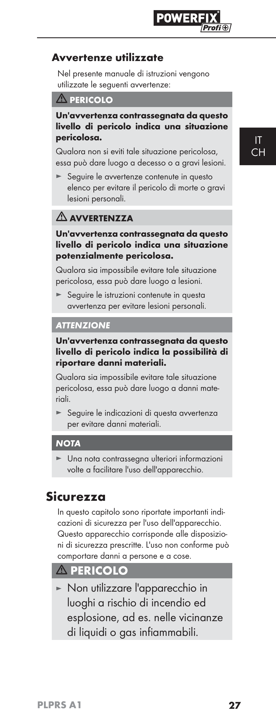 Sicurezza, Pericolo, It ch avvertenze utilizzate | Powerfix PLPRS A1 User Manual | Page 30 / 51