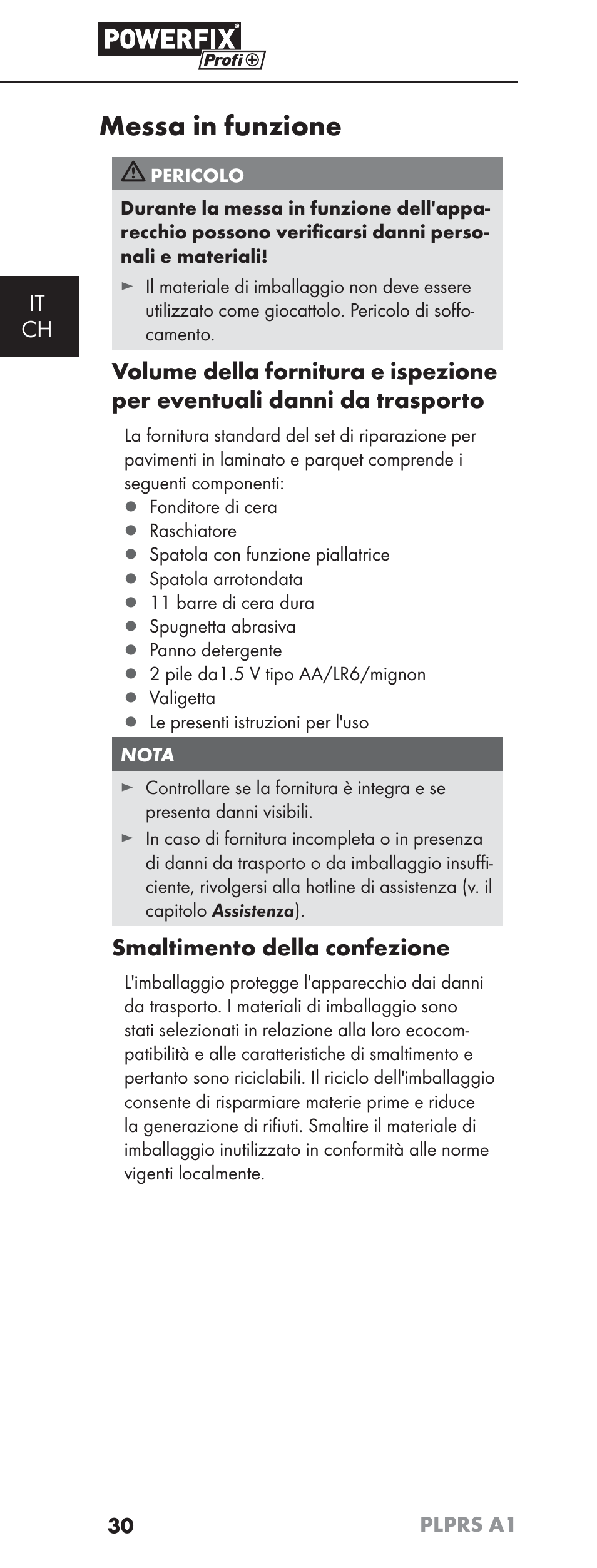 Messa in funzione, It ch, Smaltimento della confezione | Powerfix PLPRS A1 User Manual | Page 33 / 51
