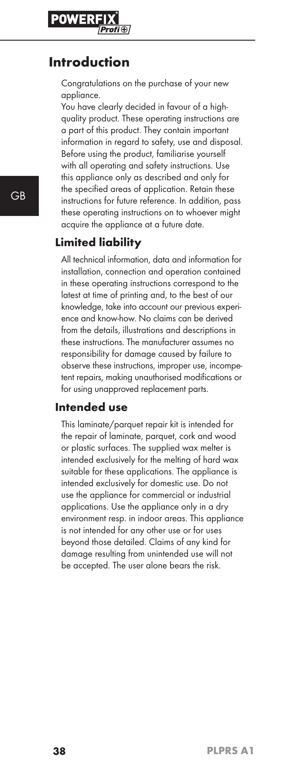 Introduction, Limited liability, Intended use | Powerfix PLPRS A1 User Manual | Page 41 / 51