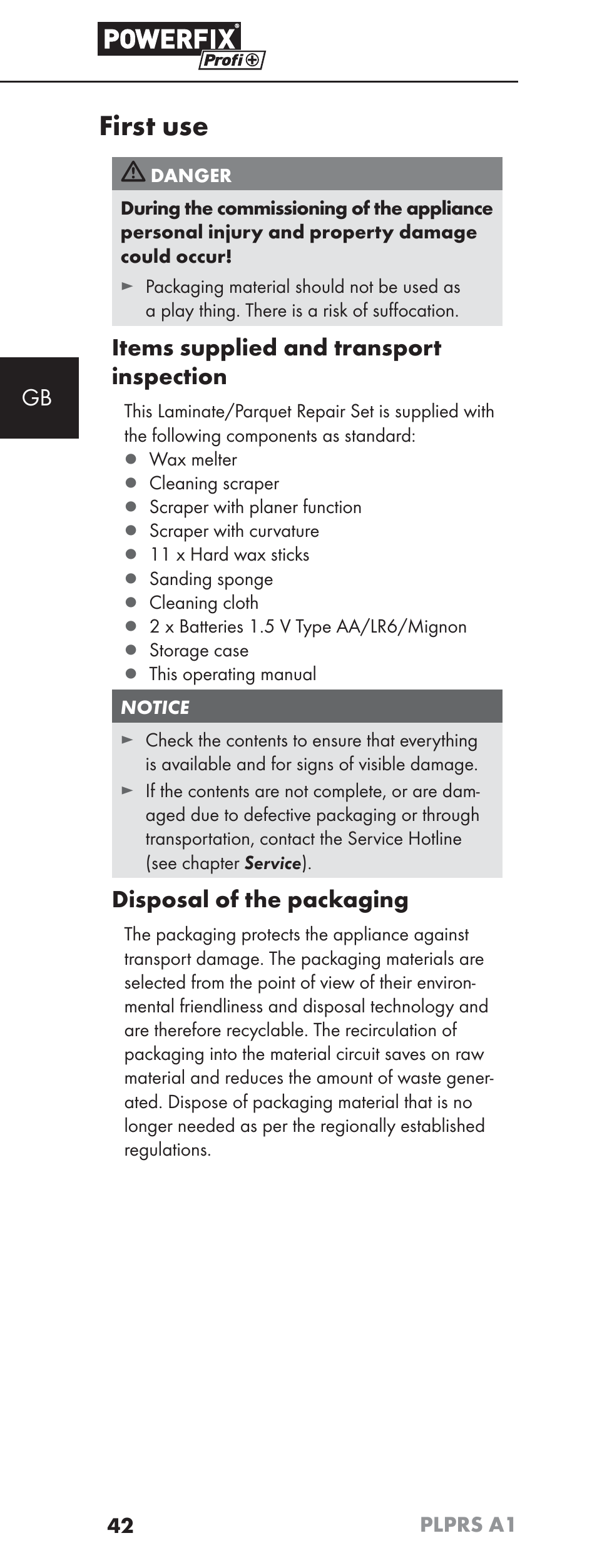 First use, Items supplied and transport inspection, Disposal of the packaging | Powerfix PLPRS A1 User Manual | Page 45 / 51