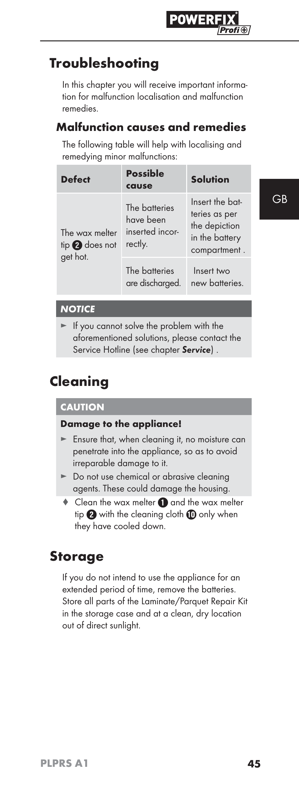 Troubleshooting, Cleaning, Storage | Malfunction causes and remedies | Powerfix PLPRS A1 User Manual | Page 48 / 51
