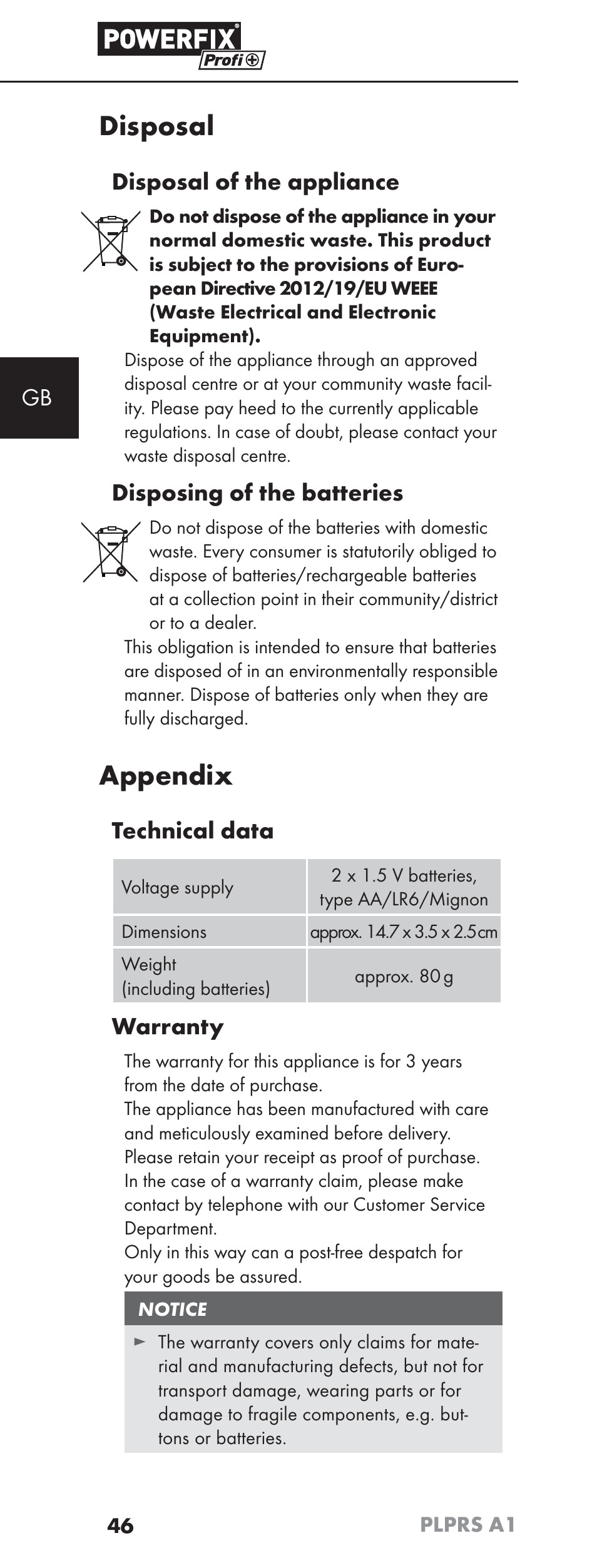 Disposal, Appendix, Disposal of the appliance | Disposing of the batteries, Technical data, Warranty | Powerfix PLPRS A1 User Manual | Page 49 / 51