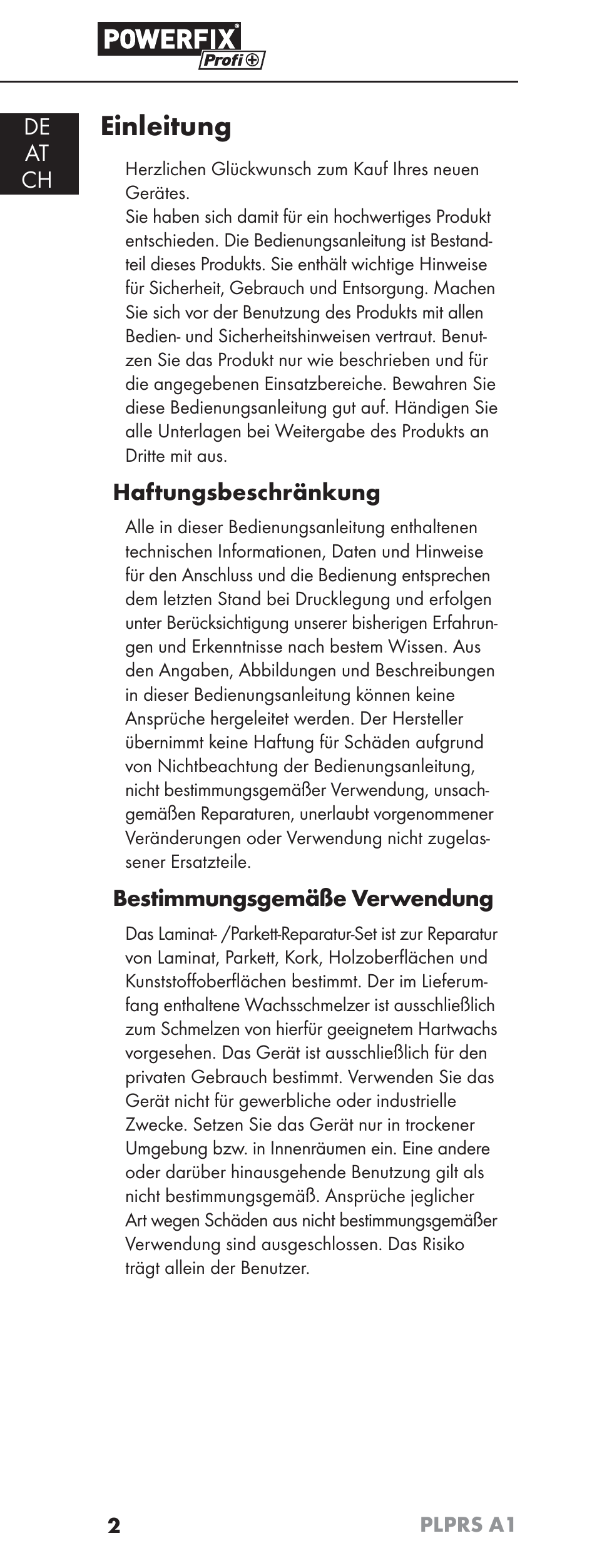 Einleitung, De at ch, Haftungsbeschränkung | Bestimmungsgemäße verwendung | Powerfix PLPRS A1 User Manual | Page 5 / 51