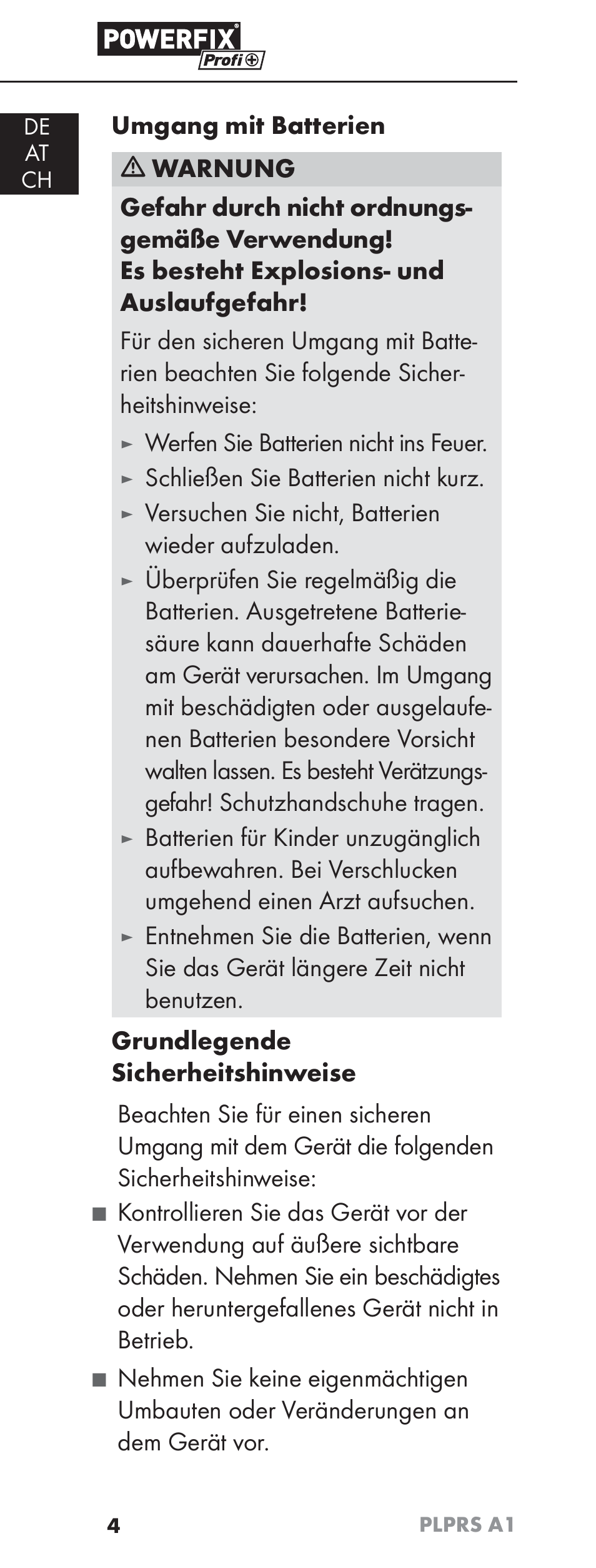 Werfen sie batterien nicht ins feuer, Schließen sie batterien nicht kurz, Versuchen sie nicht, batterien wieder aufzuladen | Powerfix PLPRS A1 User Manual | Page 7 / 51
