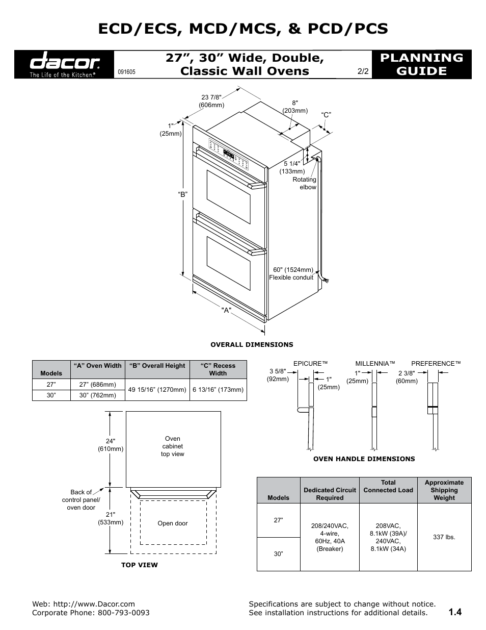 Ecd/ecs, mcd/mcs, & pcd/pcs, Planning guide, 27”, 30” wide, double, classic wall ovens | Dacor ECD/ECS User Manual | Page 2 / 2