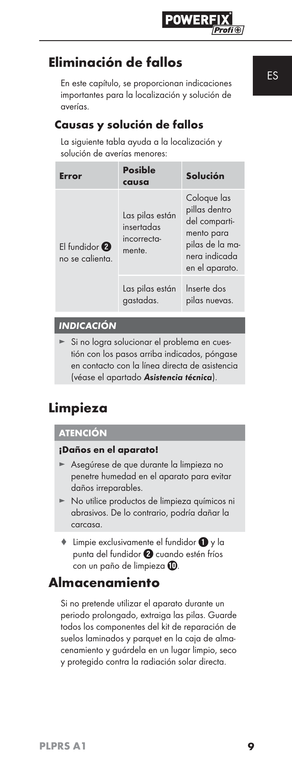 Eliminación de fallos, Limpieza, Almacenamiento | Causas y solución de fallos | Powerfix PLPRS A1 User Manual | Page 12 / 51